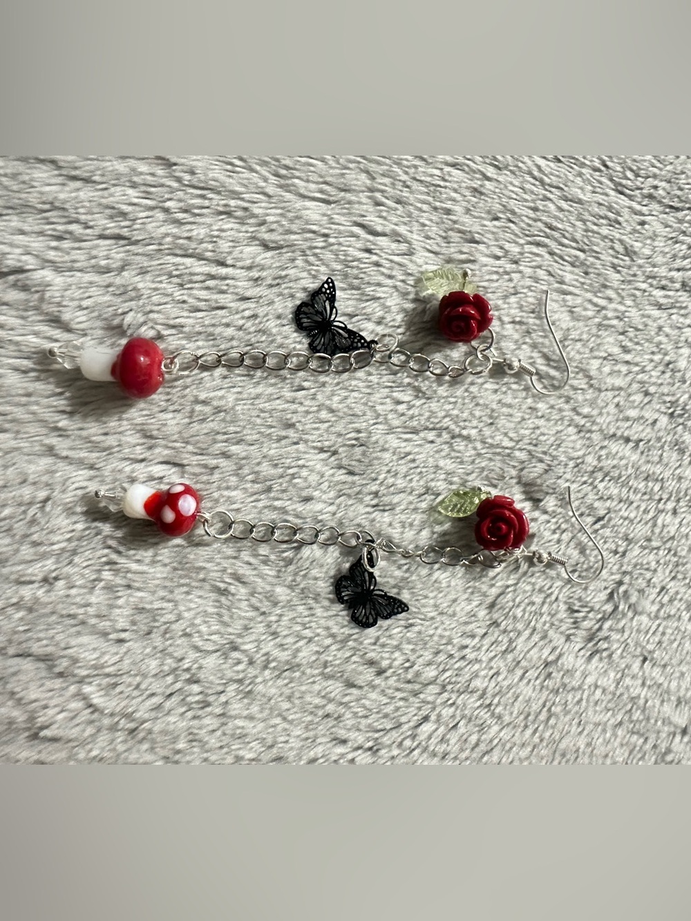 Handcrafted Red Rose & Mushroom Drop Earrings with Butterfly Charm